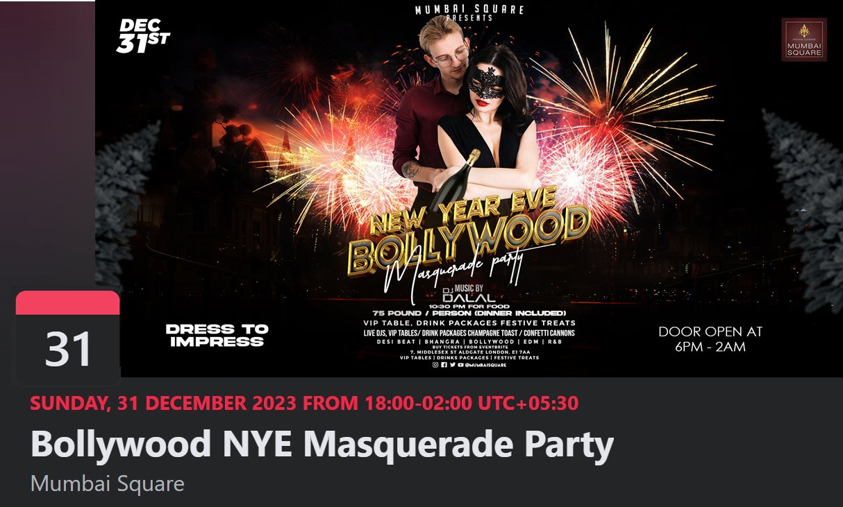 Bollywood NYE Masquerade Party: A glamorous celebration in full swing, masked guests dancing under sparkling lights.